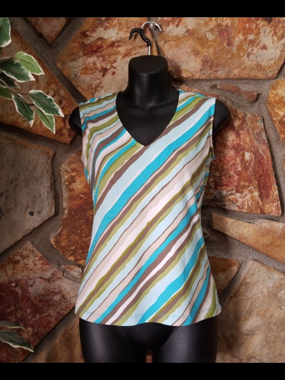 New York & Company Striped V-Neck Tank Top - Blue, Aqua & Olive